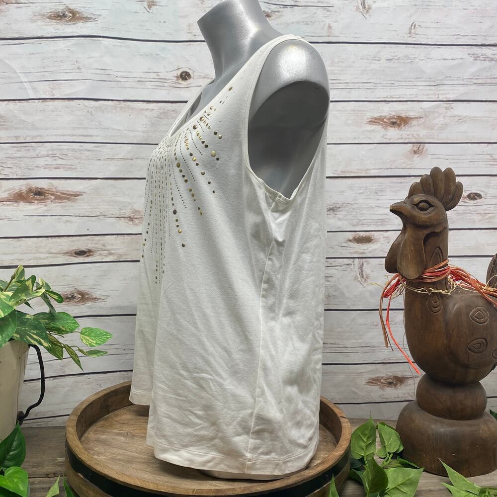 Chicos 2 Medium White Embellished Tank Top Sunburst Sleeveless Shirt Gold Detail - Picture 4 of 14